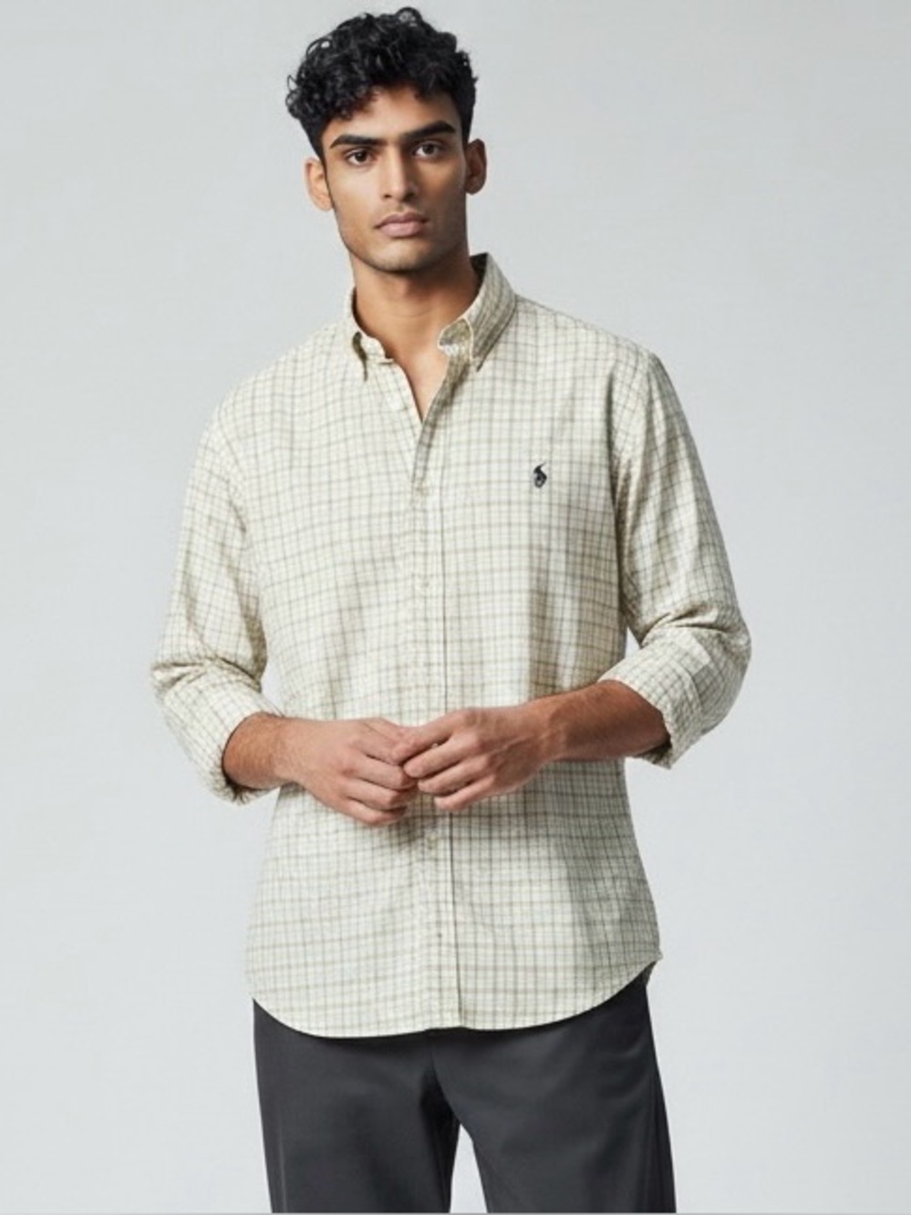 Ralph Lauren poplin yellow button down shirt with blue check shirt size L
